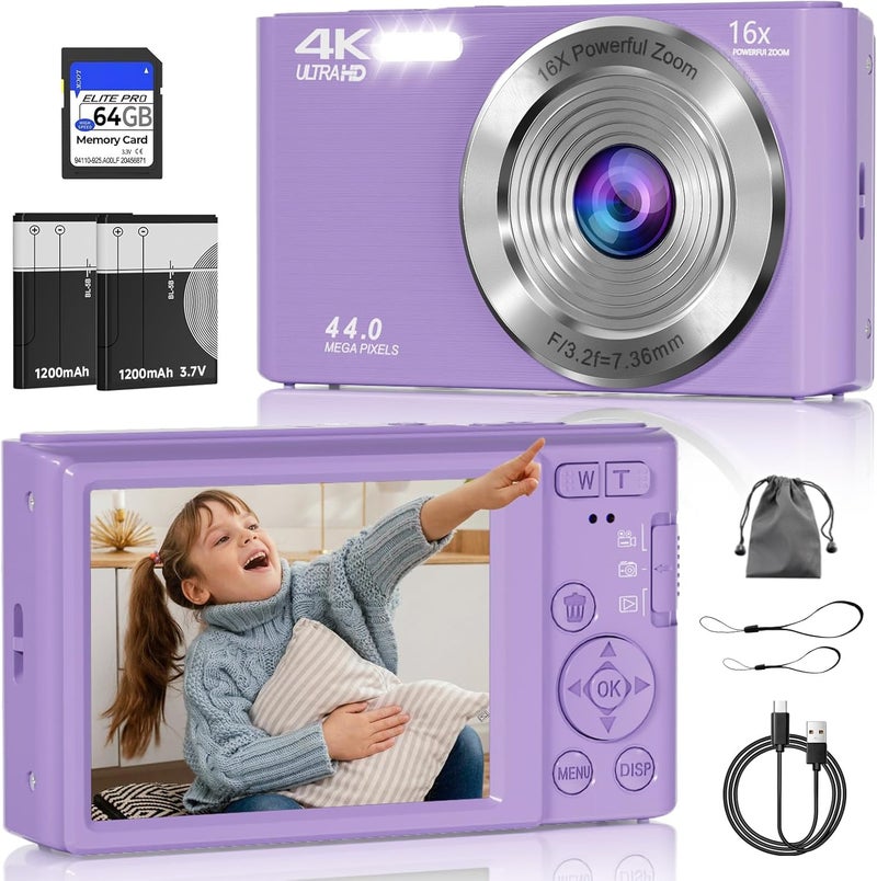 ceye Digital Camera, FHD 4K 44MP Digital Camera, 16X Digital Zoom, Digital Point and Shoot Camera with 3-LED Fill Lights, 64GB SD Card, Compact Camera for Kids Teen Boys Girls, Purple - Image 1